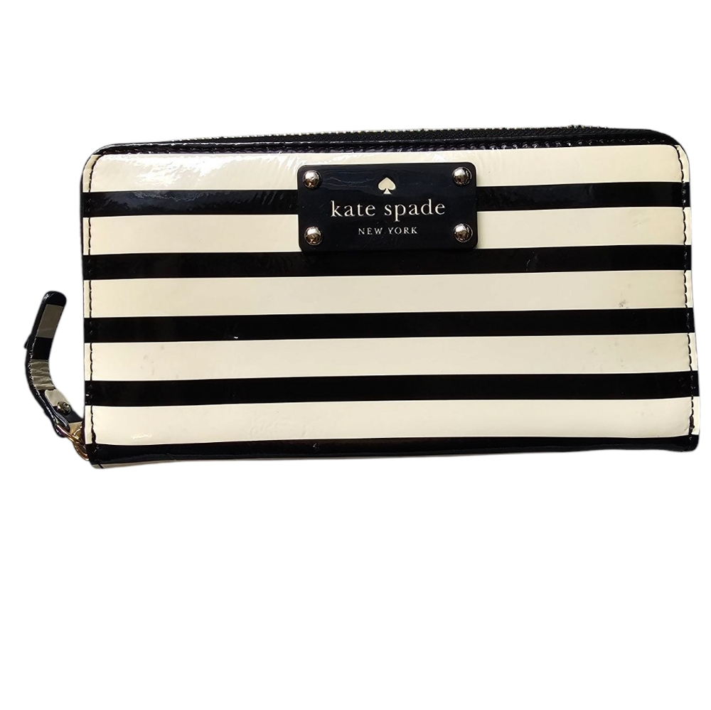 Kate Spade Penn Valley Neda Black Cream Striped Patent Zipper Wallet